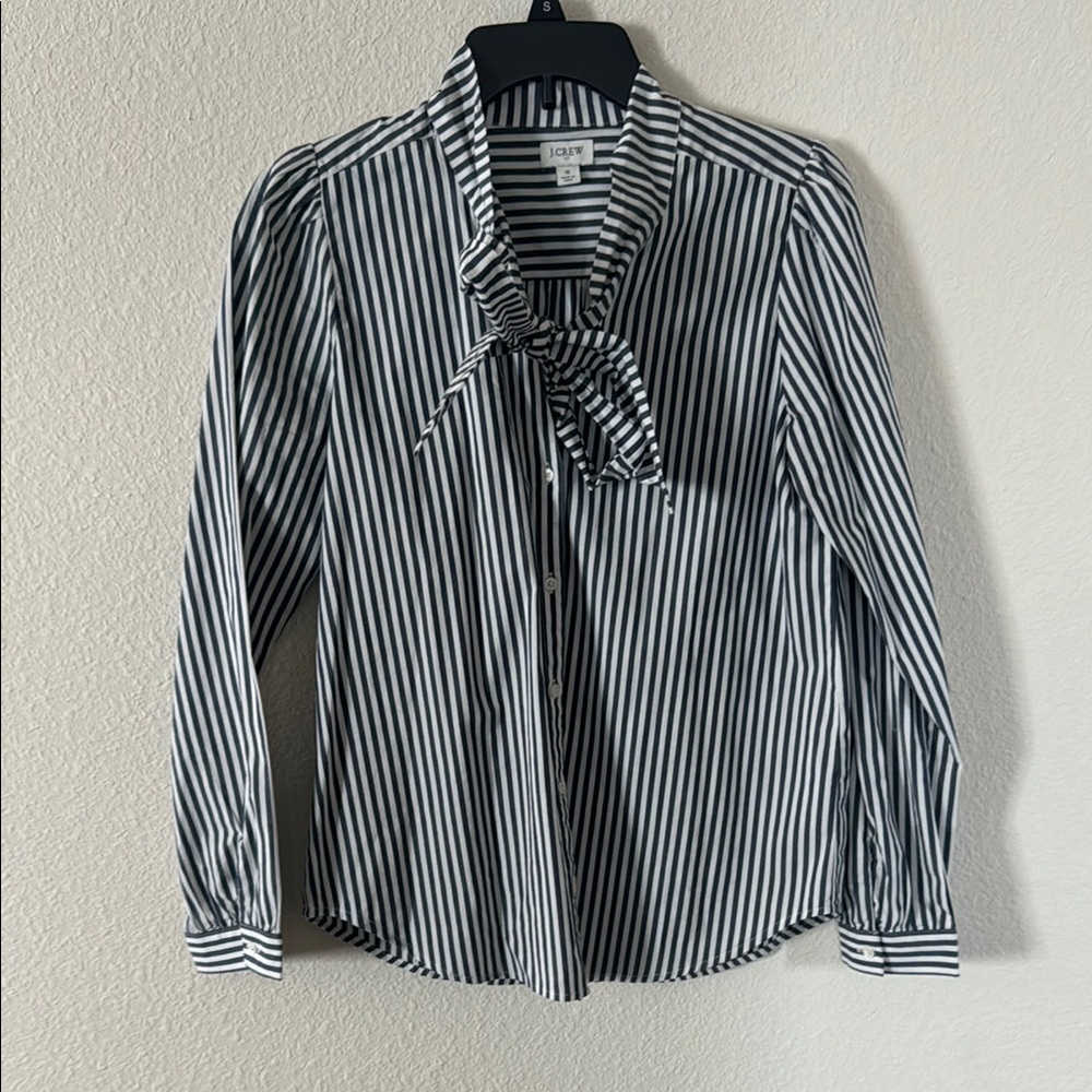 J Crew blue and White Striped bow tie blouse
